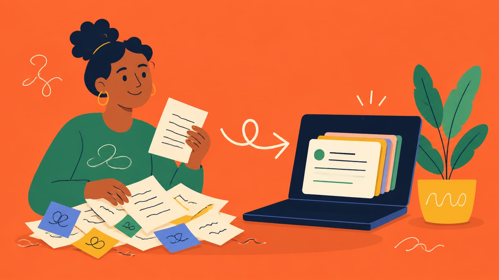 Flat illustration of a person turning papers into tidy lesson cards on a laptop, on a coral background