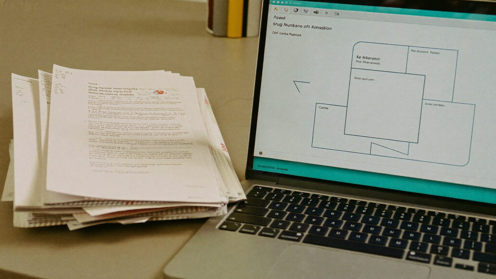 A desk showing transformation: a stack of printed notes on the left, a laptop with a tidy course-module outline on the right