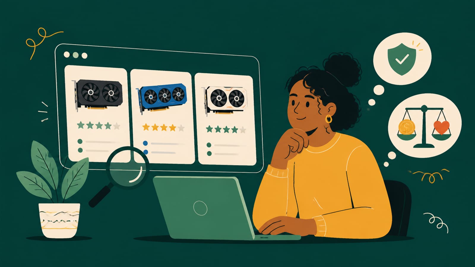 Flat illustration of a person browsing a marketplace of graphics cards, weighing price against reliability, on a teal background