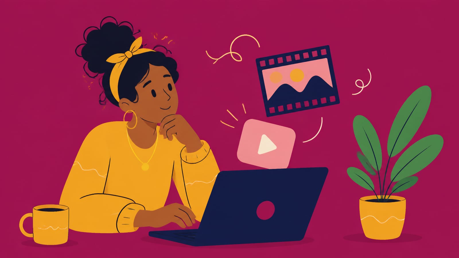 Flat illustration of a creator at a laptop with a film frame and play button, exploring AI video