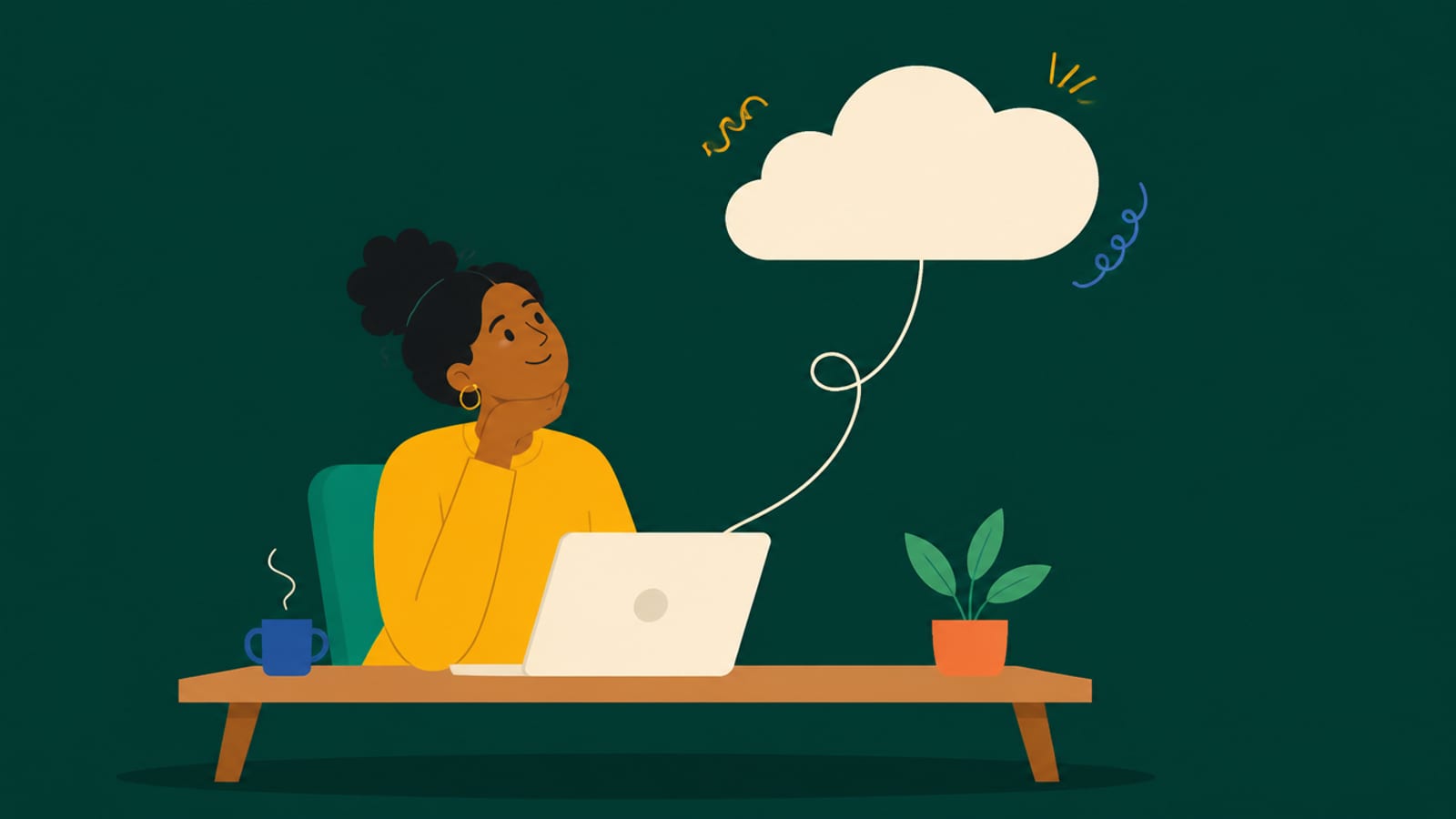 Flat illustration of a person at a desk looking up at a friendly cloud connected to their laptop
