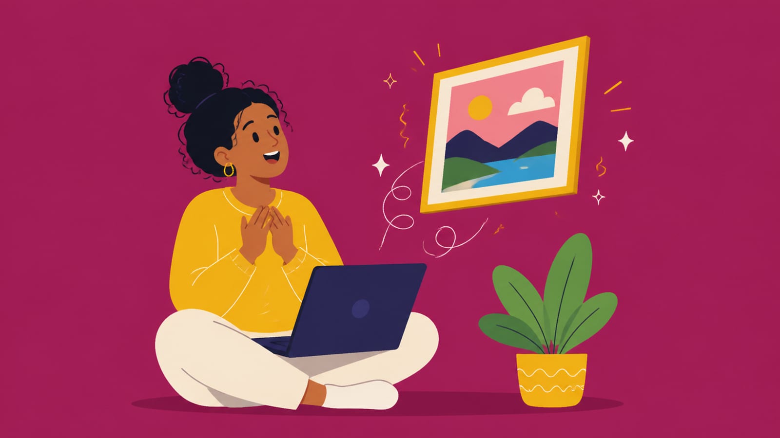 Flat illustration of a delighted beginner as an AI-generated picture appears from their laptop
