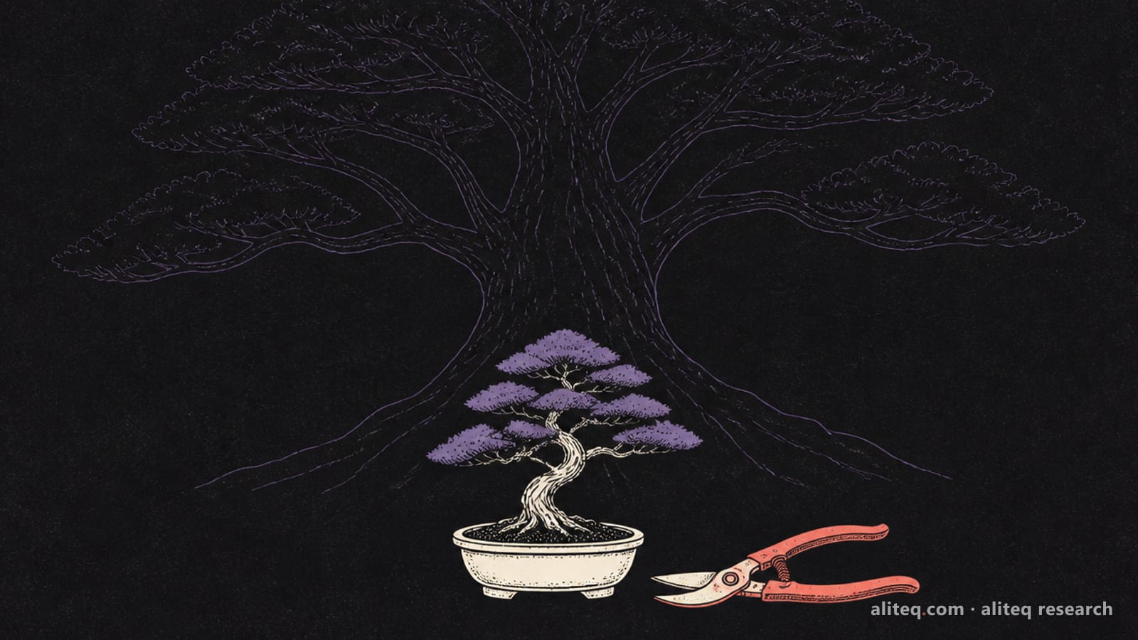 Hand-drawn illustration of a small bonsai tree in a cream pot with coral pruning shears, in front of the faint violet outline of a giant tree on a near-black background