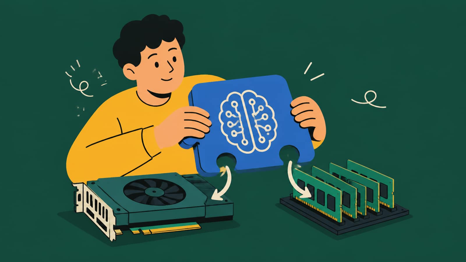 Flat illustration of a person splitting an AI brain puzzle piece between a small graphics card and a row of memory sticks