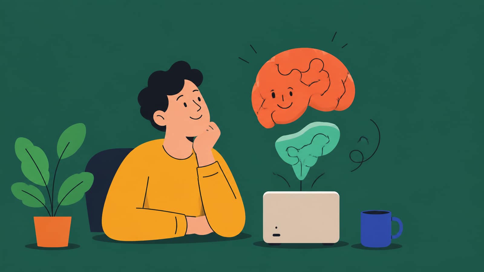 Flat illustration of a person at a desk with a small plain mini desktop computer and an AI brain shape split into two pieces above it