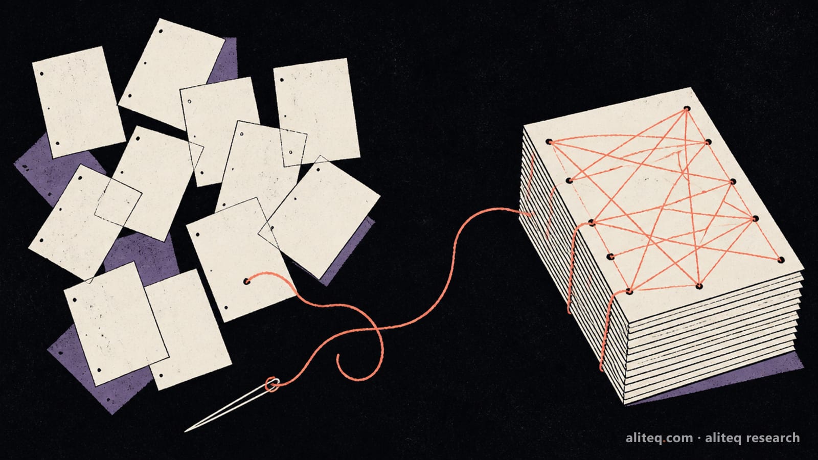 Hand-drawn editorial illustration of loose paper sheets being stitched by a coral thread into a tidy web of linked pages on a near-black background