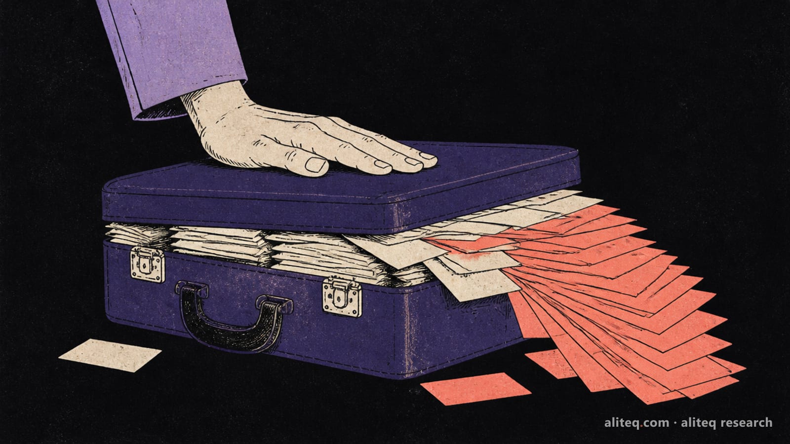 Hand-drawn editorial illustration of a hand pressing down the lid of a suitcase packed so full of paper cards that a fan of coral cards spills out, on a near-black background in indigo-violet and off-white