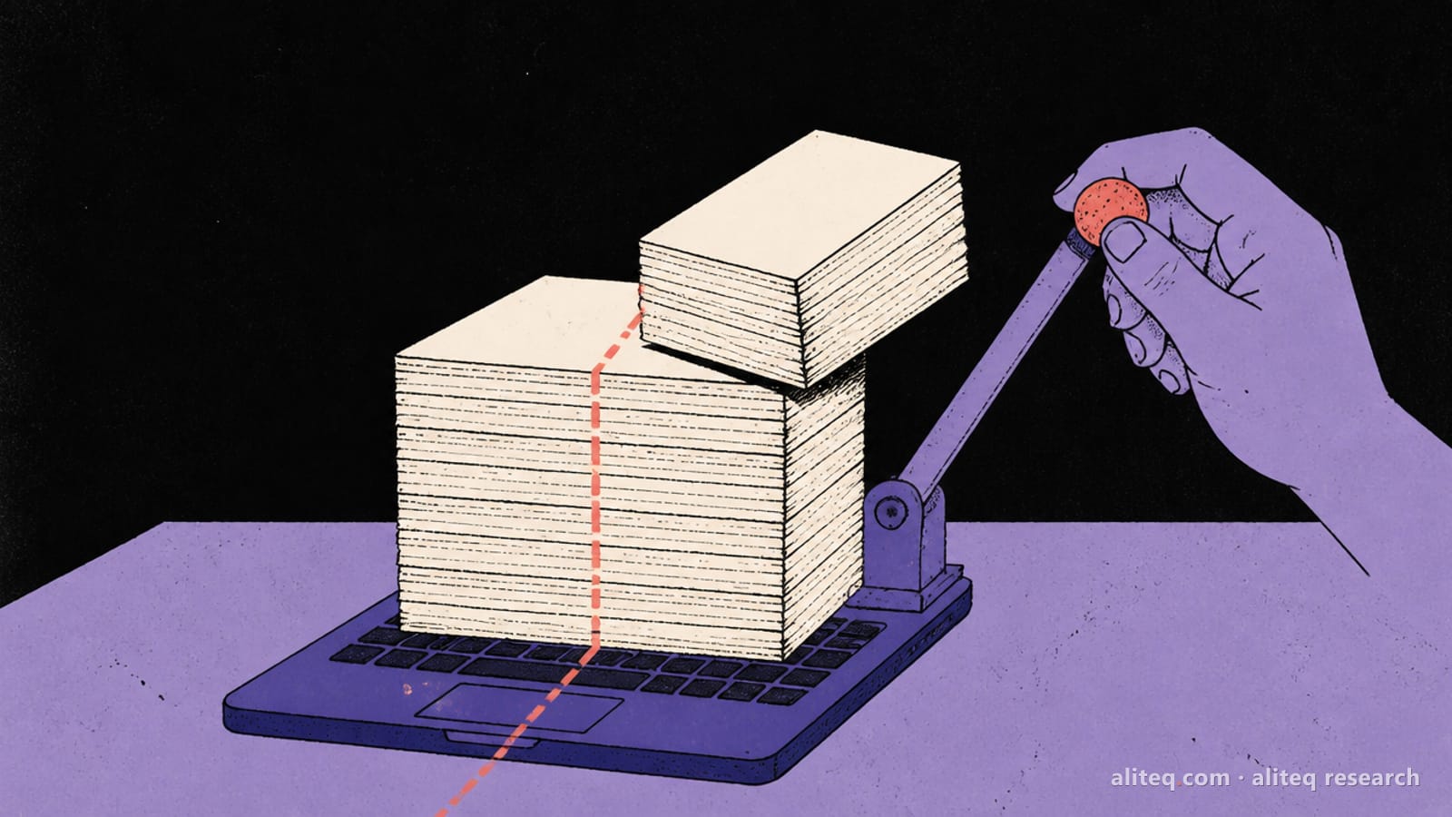 Hand-drawn editorial illustration of a laptop with a tall stack of off-white memory blocks on its keyboard, part of the stack lifted by a violet hand pulling a lever along a coral dashed line