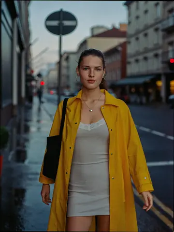 Film-style still of a woman in a yellow raincoat on a wet street