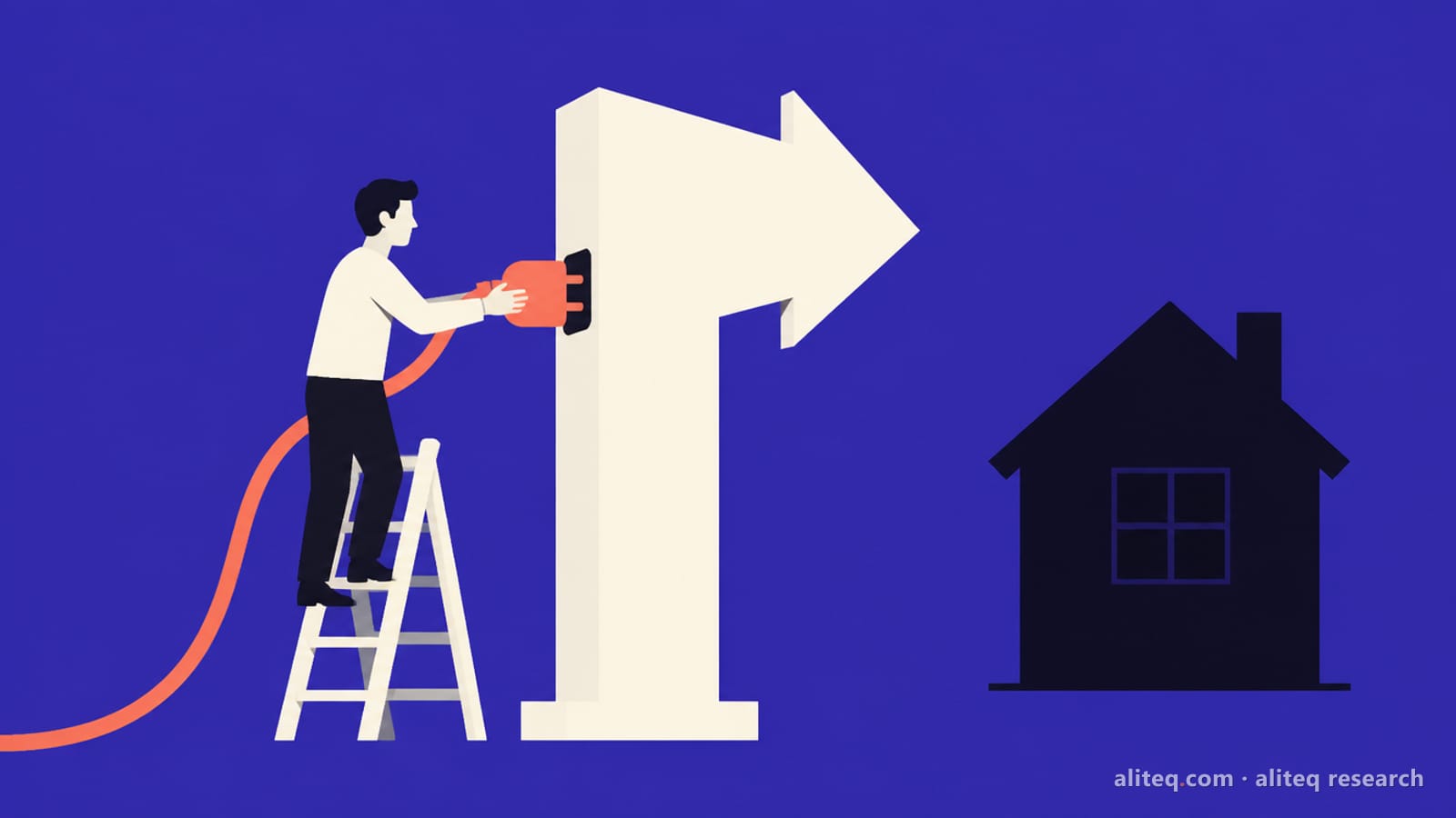 Flat illustration of a person on a ladder plugging a coral cable into a giant blank arrow signpost that points at a dark house, on a flat indigo-violet background