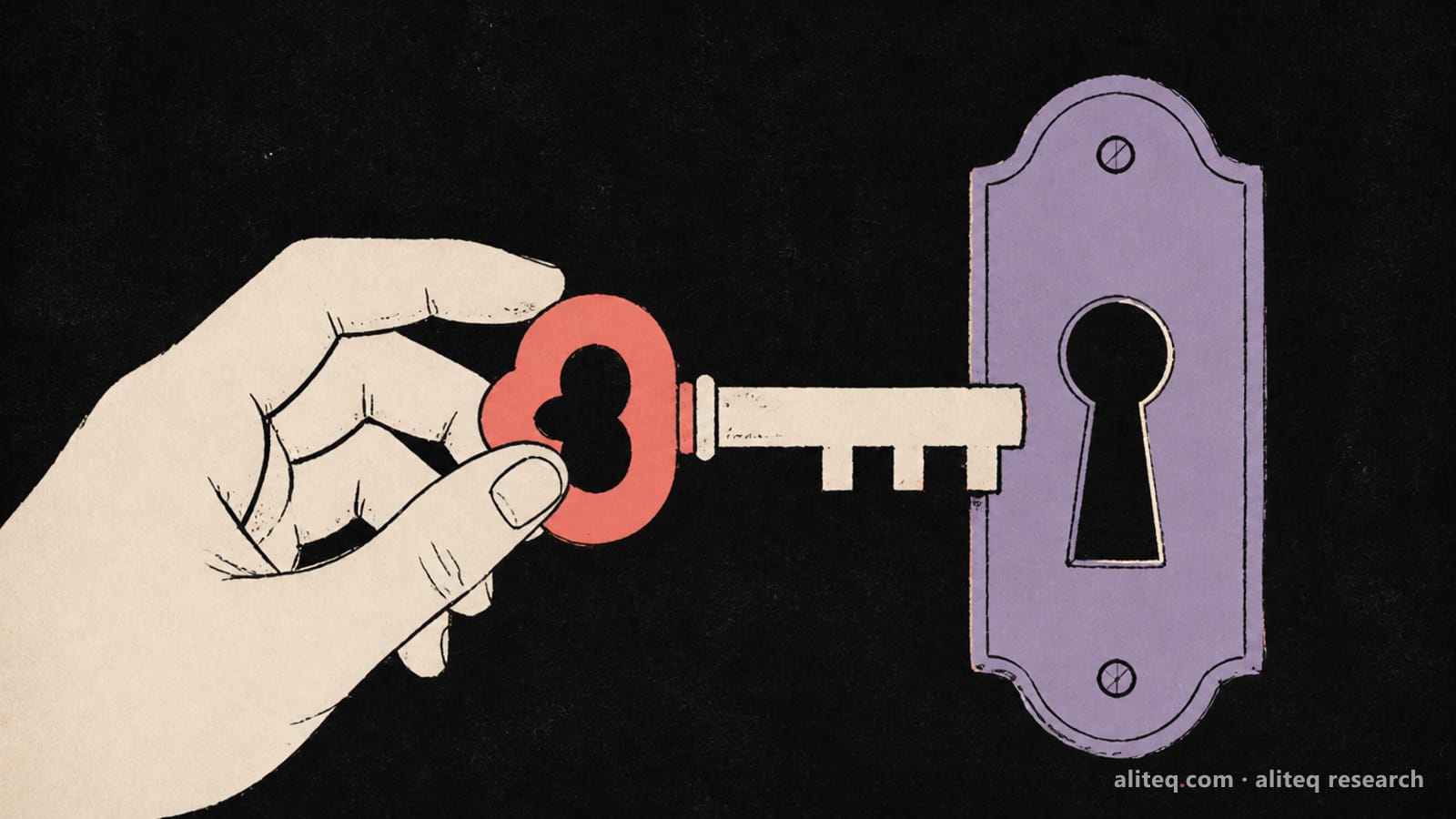Hand-drawn editorial illustration of a key that almost fits a lock on a dark background, in violet, lavender and coral