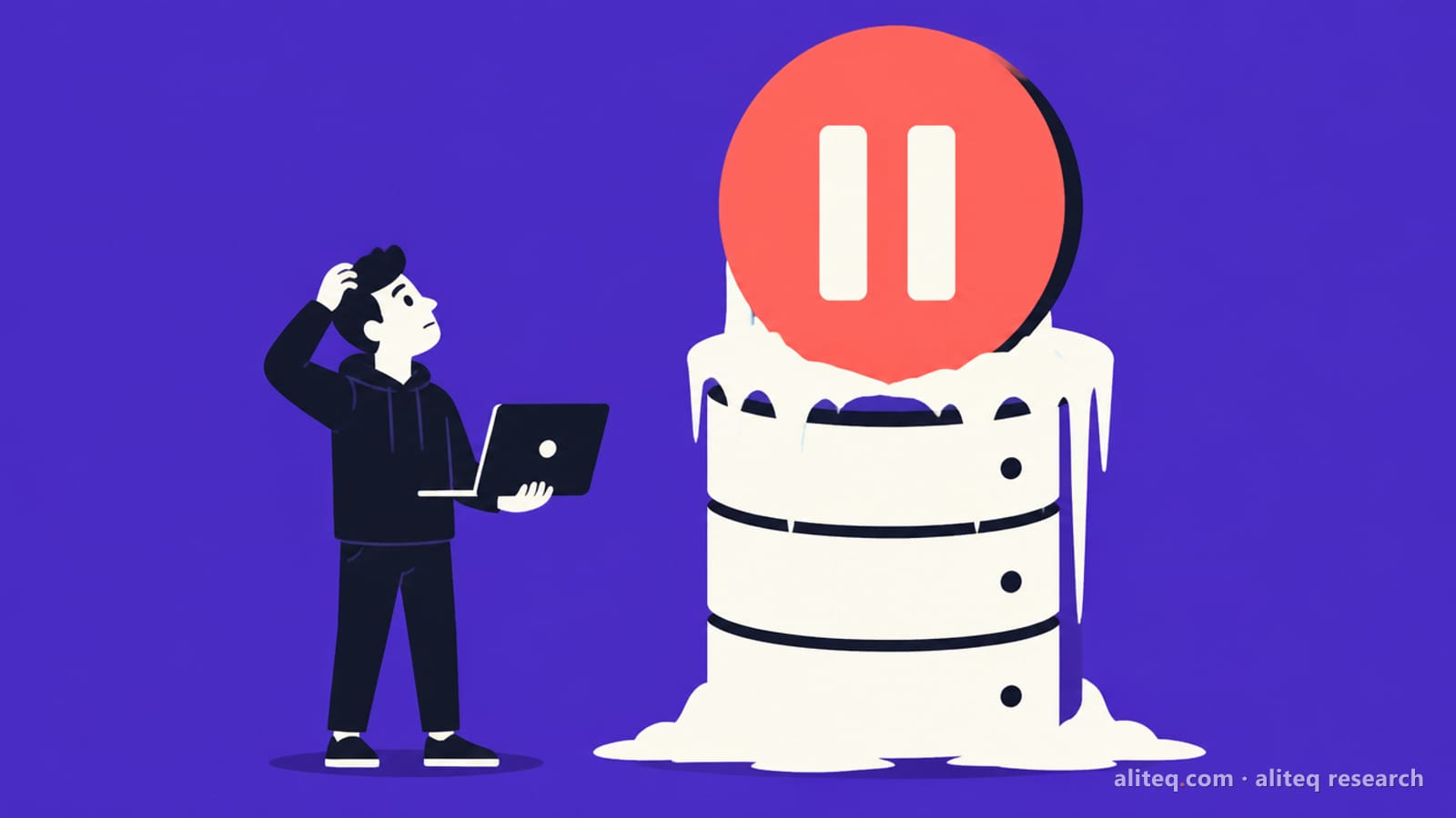 Flat vector illustration of a puzzled developer holding a laptop and looking up at a giant coral pause button sitting on a frozen database cylinder, on a saturated indigo-violet background
