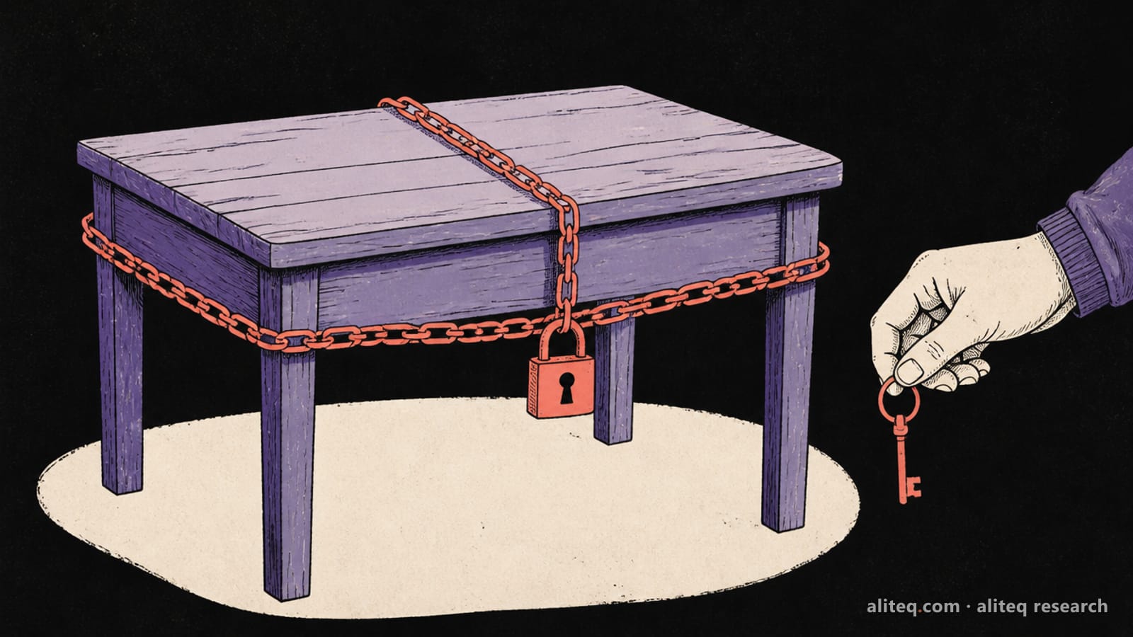 Hand-drawn editorial illustration of a new wooden table wrapped in a coral chain and padlock, with a hand reaching in from the side holding a small key, on a near-black background in indigo-violet and off-white