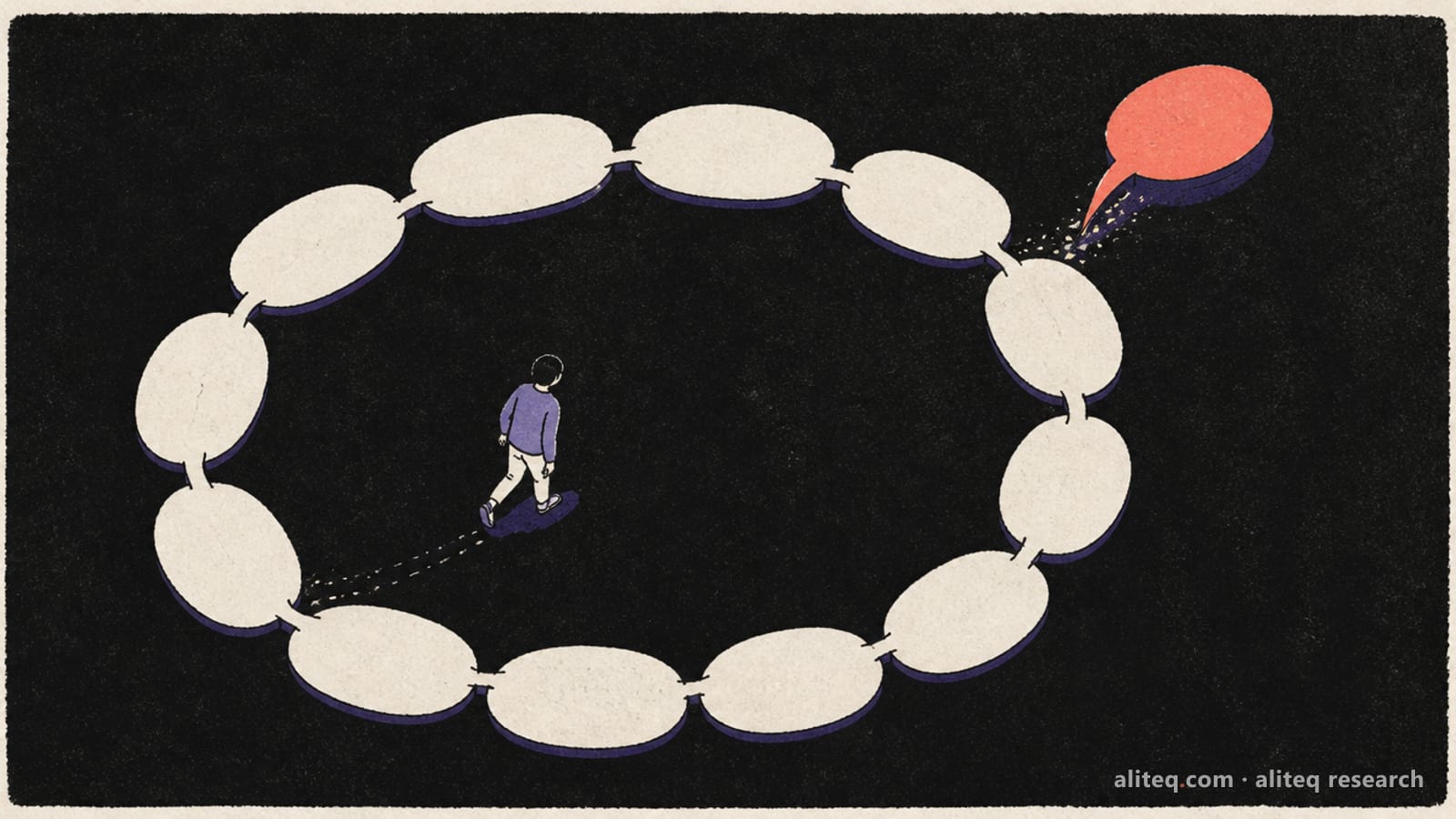 A small person walking around a ring of blank chat bubbles, one coral bubble breaking free of the ring