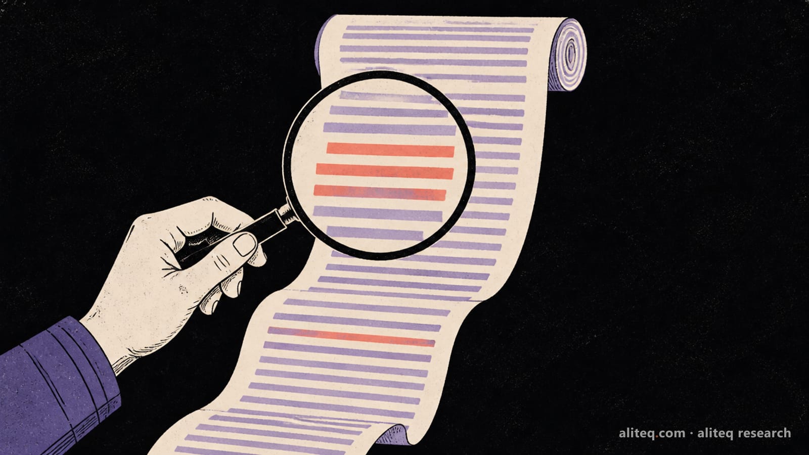 A hand holding a magnifying glass over a long scroll of abstract lines, a few lines highlighted in coral