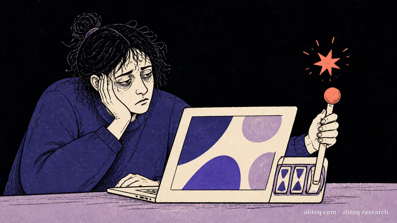Hand-drawn editorial illustration of a tired person at a laptop pulling a slot-machine lever attached to its side, a small coral spark above the lever, on a near-black background