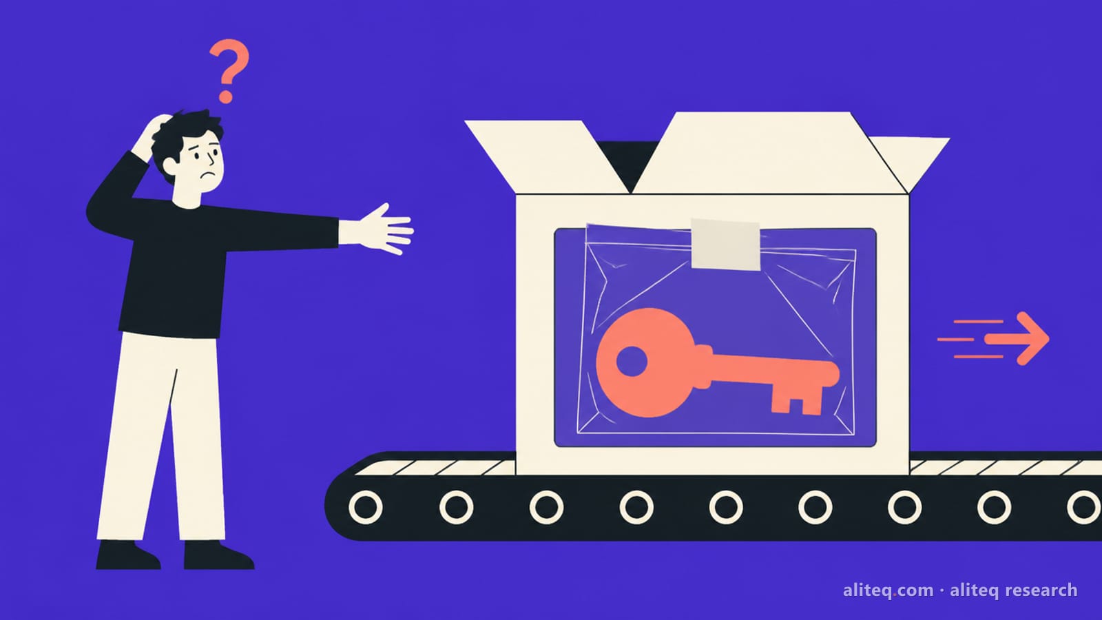 Flat illustration of a person reaching toward a giant shipping box on a conveyor belt, a coral key already sealed inside it, on a flat indigo-violet background