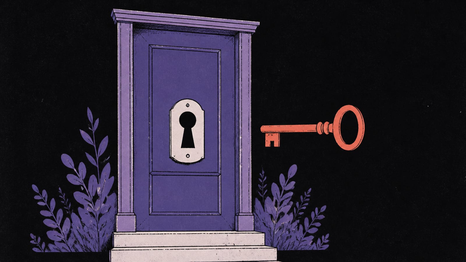 Isometric diorama of a glowing key turning in a login card, near-black background, indigo-violet with a small coral accent