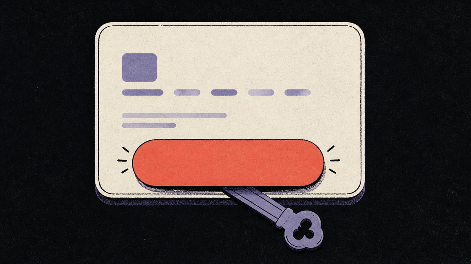 Editorial infographic of a safe checkout flow: browser to a server holding a locked key, then a verified webhook, near-black background with indigo-violet and a coral accent