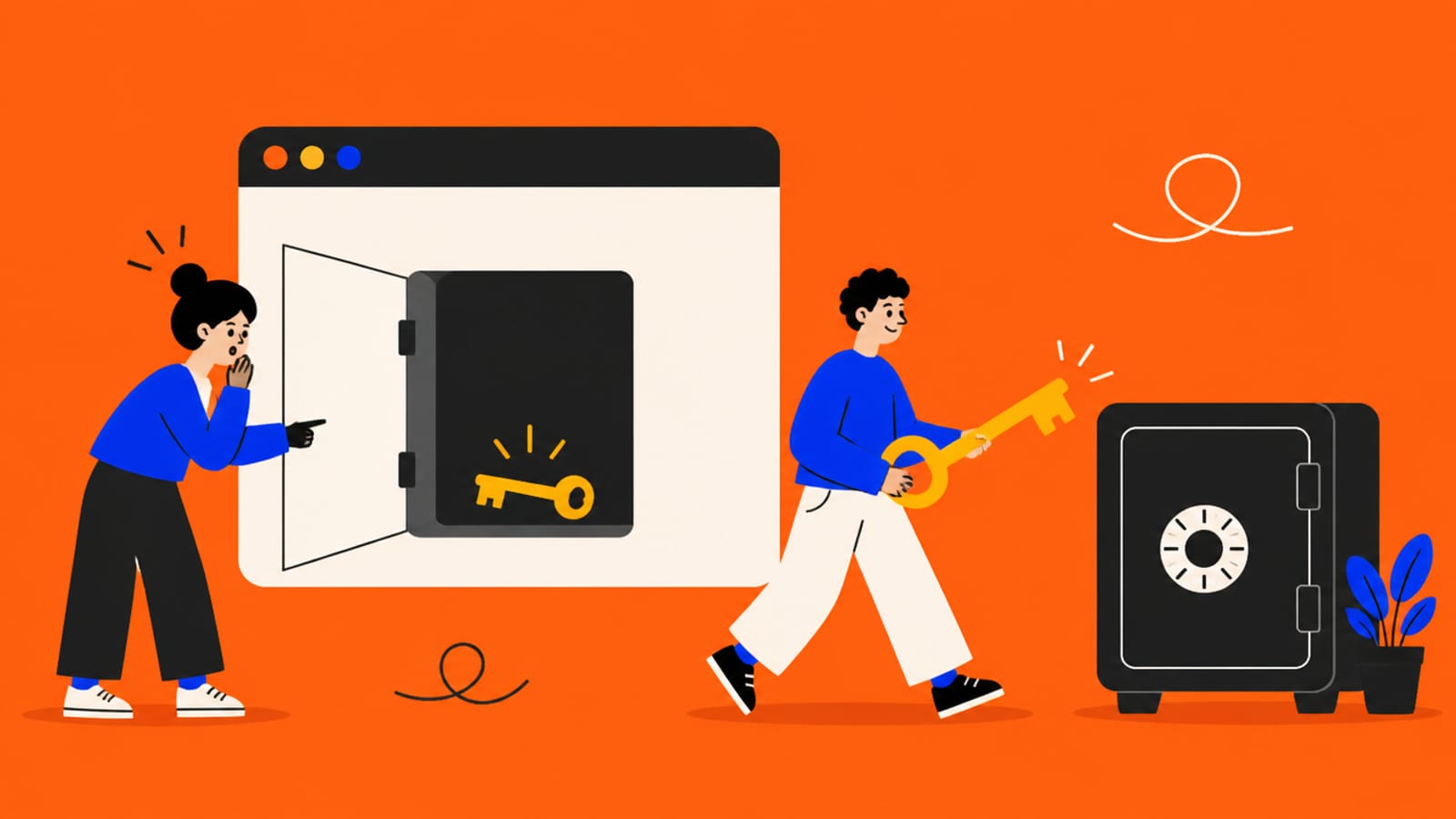 Flat illustration of a browser window with a hidden compartment showing a key, while a person moves a key into a safe