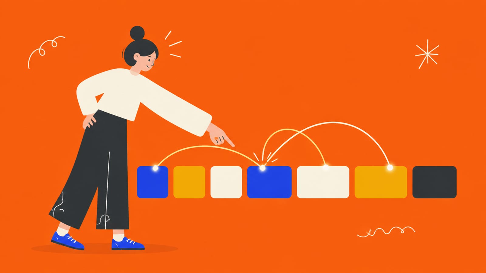 Flat illustration of a person tapping one word block while thin glowing lines connect it to a few other blocks