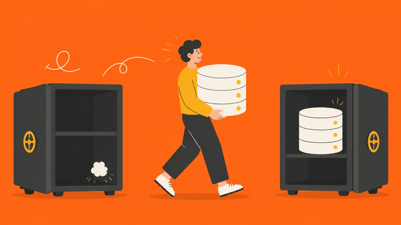 Flat illustration of a person carrying a copy of a database from an empty safe to a second safe