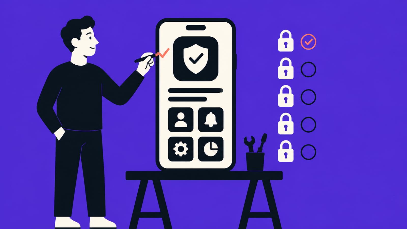 Flat illustration of a person beside a freshly built app running a checklist of padlocks on a workbench