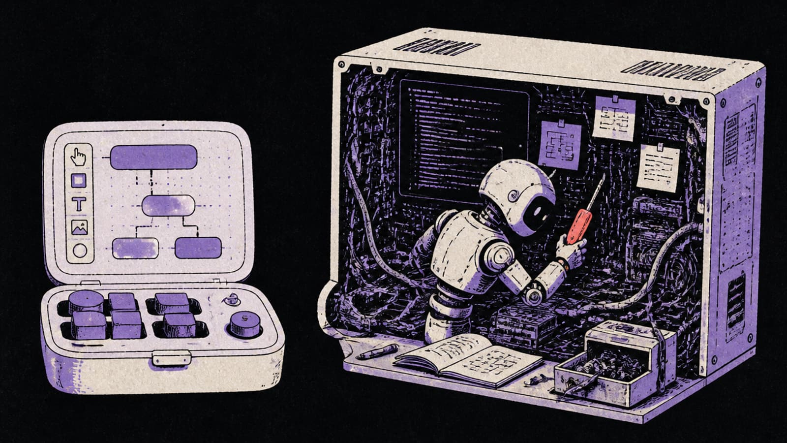 Hand-drawn editorial illustration of a tidy drag-and-drop builder beside an open workshop where an agent works directly on the machine