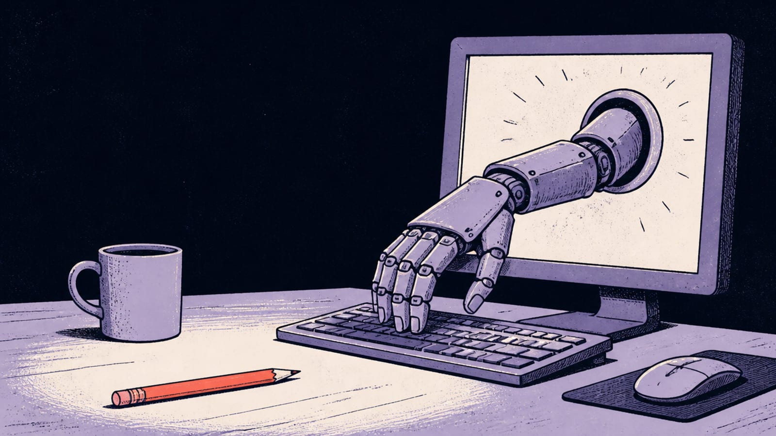 Hand-drawn editorial illustration of a pencil laid down beside a glowing terminal, a small robot taking over the writing