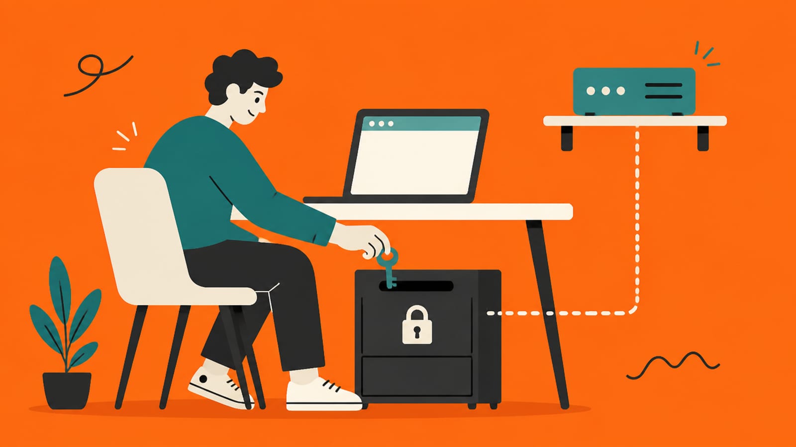 Flat illustration of a person dropping a key into a locked drawer under a desk, with a dotted line to a small server