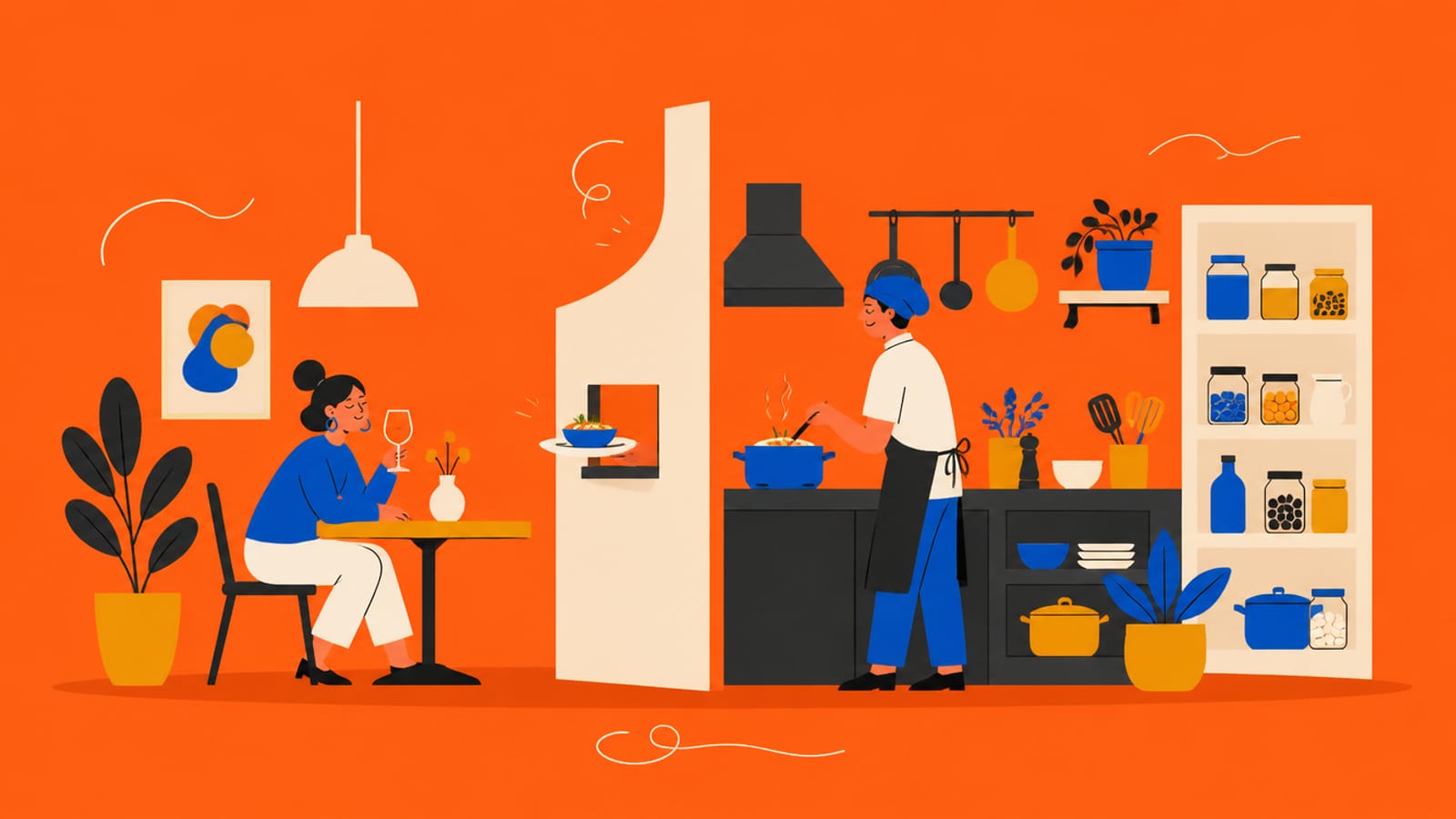 Flat illustration of a restaurant cutaway: a dining room with a customer on one side, a kitchen with a cook on the other