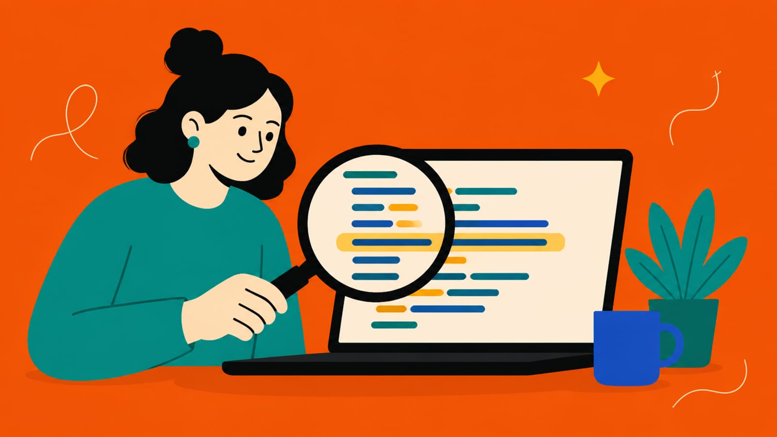 Flat illustration of a calm person holding a large magnifying glass over a screen of code, one line gently highlighted