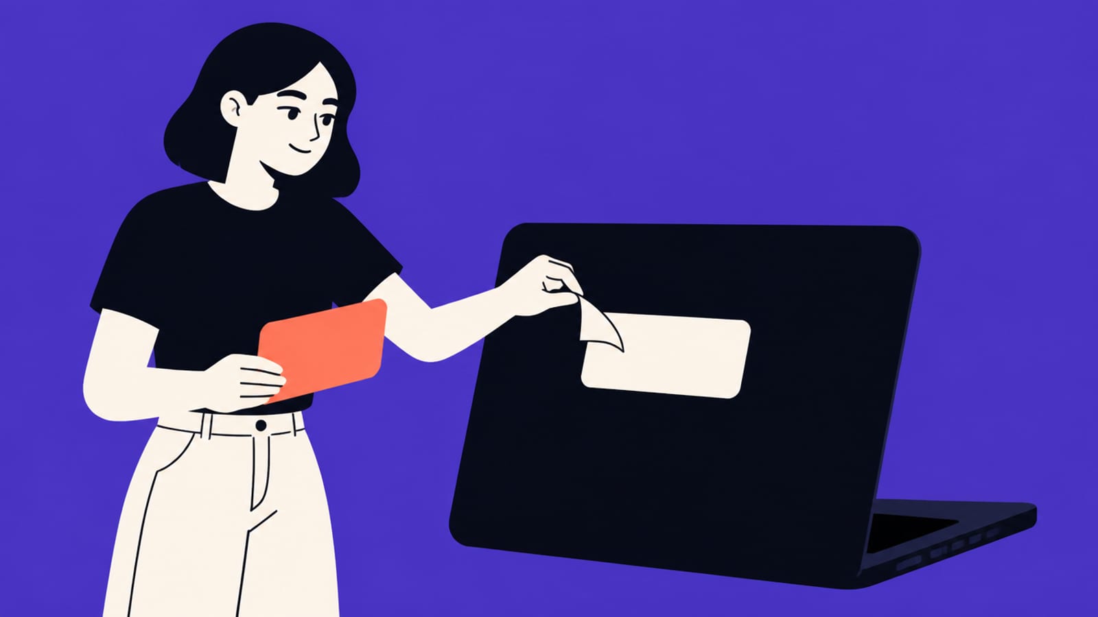 Flat illustration of a person peeling an old sticker off a laptop and holding a fresh coral one — a new name for the same machine