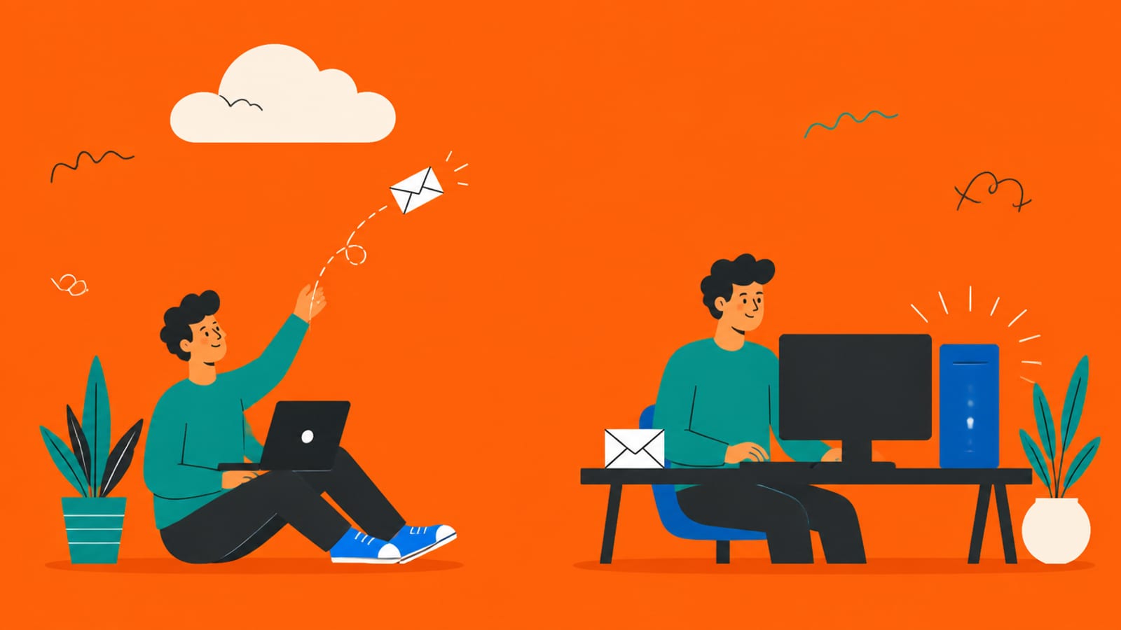 Flat illustration split in two: a person with a laptop sending a message to a distant cloud on one side, the same person with a desktop PC glowing on the other