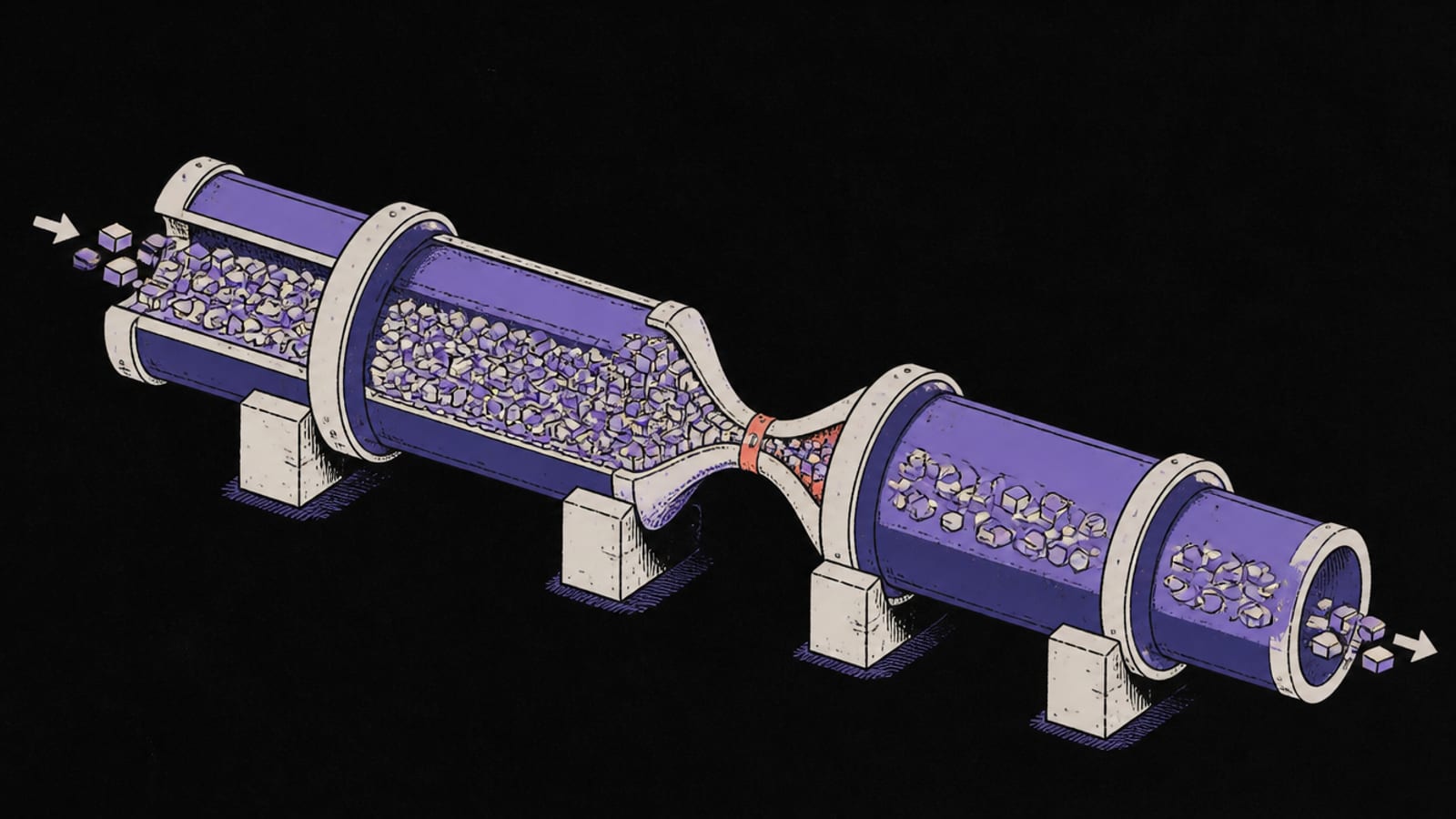 Isometric diorama of data flowing through pipes, one narrow section causing a backup