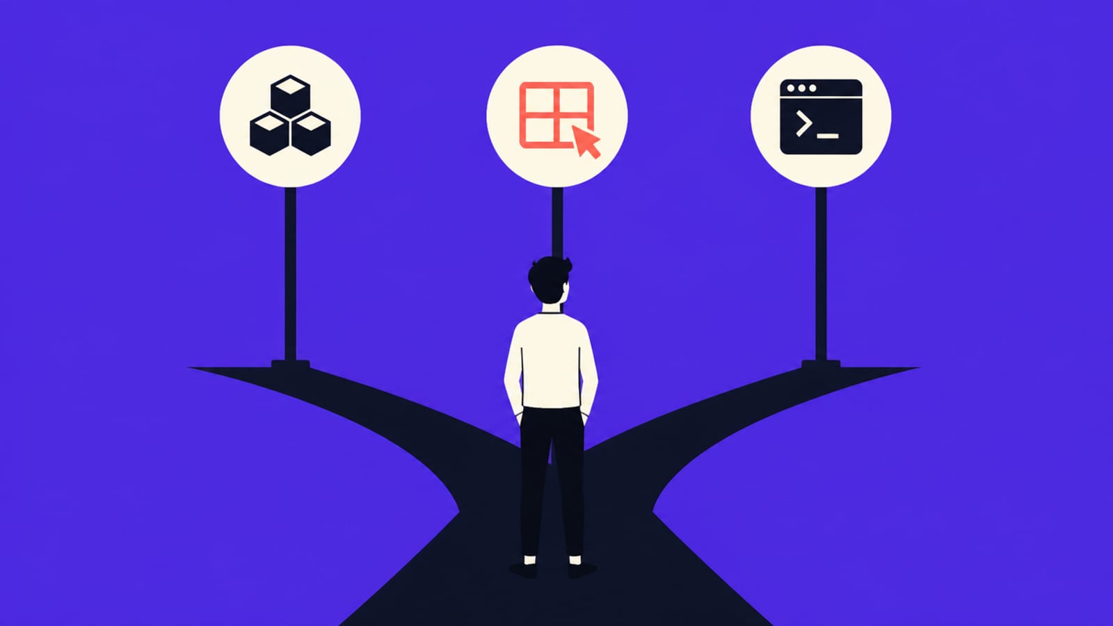 Flat illustration of a person at a crossroads looking up at three signposts, each topped with a different simple icon