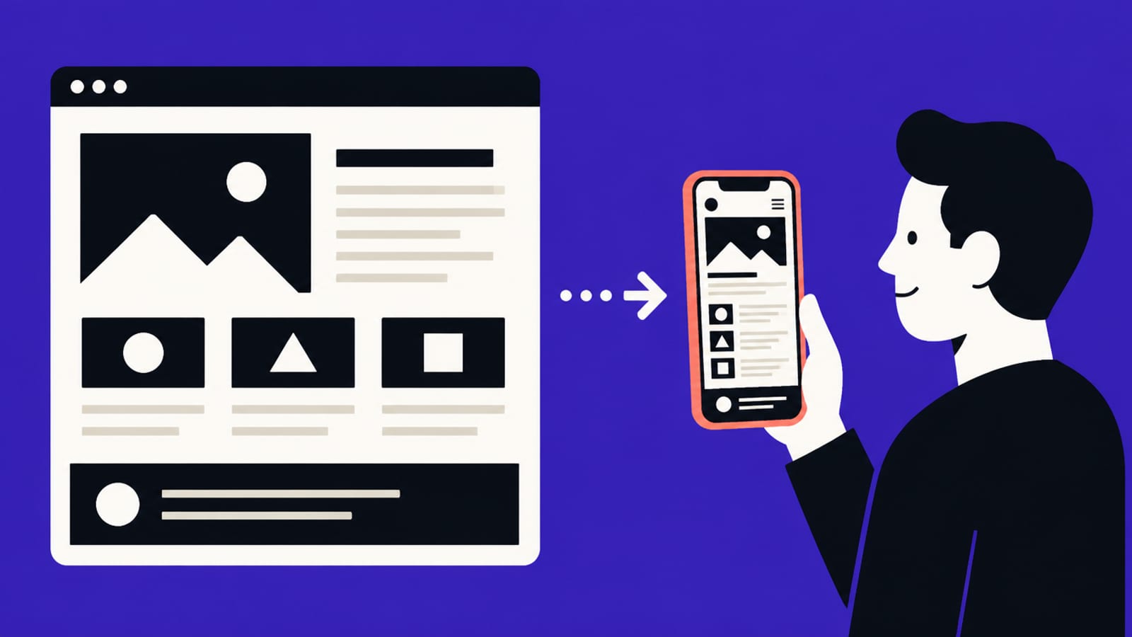 Editorial infographic of a wide desktop layout reflowing into a tall phone layout with a viewport tag highlighted, near-black background with indigo-violet and a coral accent