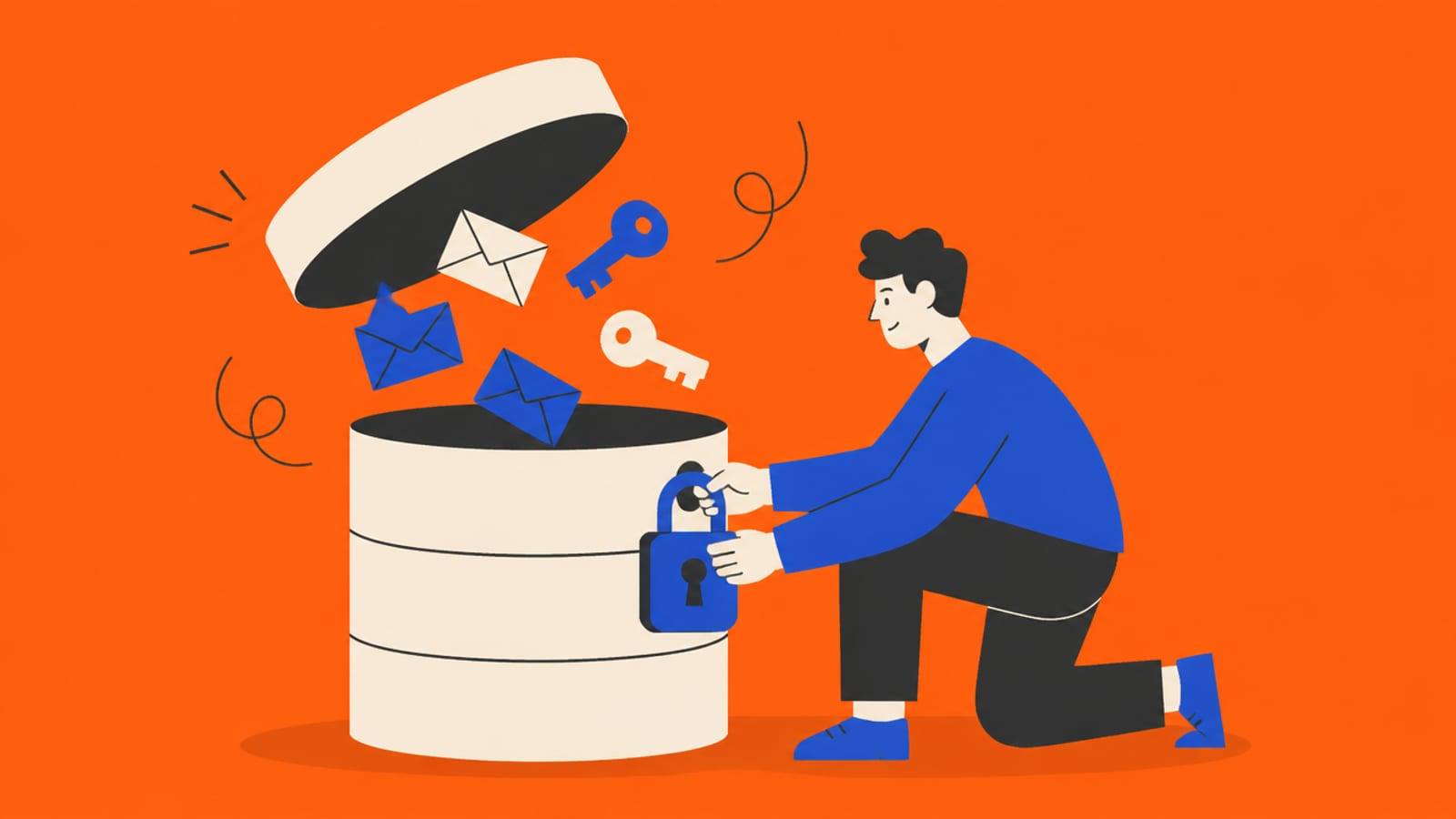 Flat illustration of an open database cylinder with envelopes and keys floating out while a person fits a padlock
