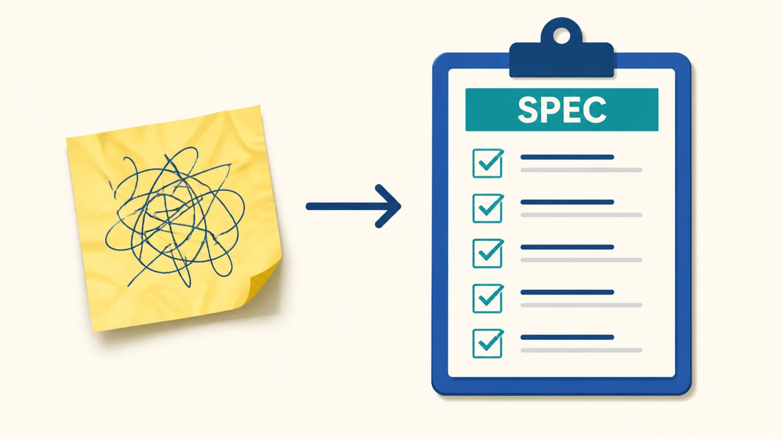 Editorial infographic showing a vague scribbled sticky note on the left transformed by an arrow into a neat numbered specification checklist on the right