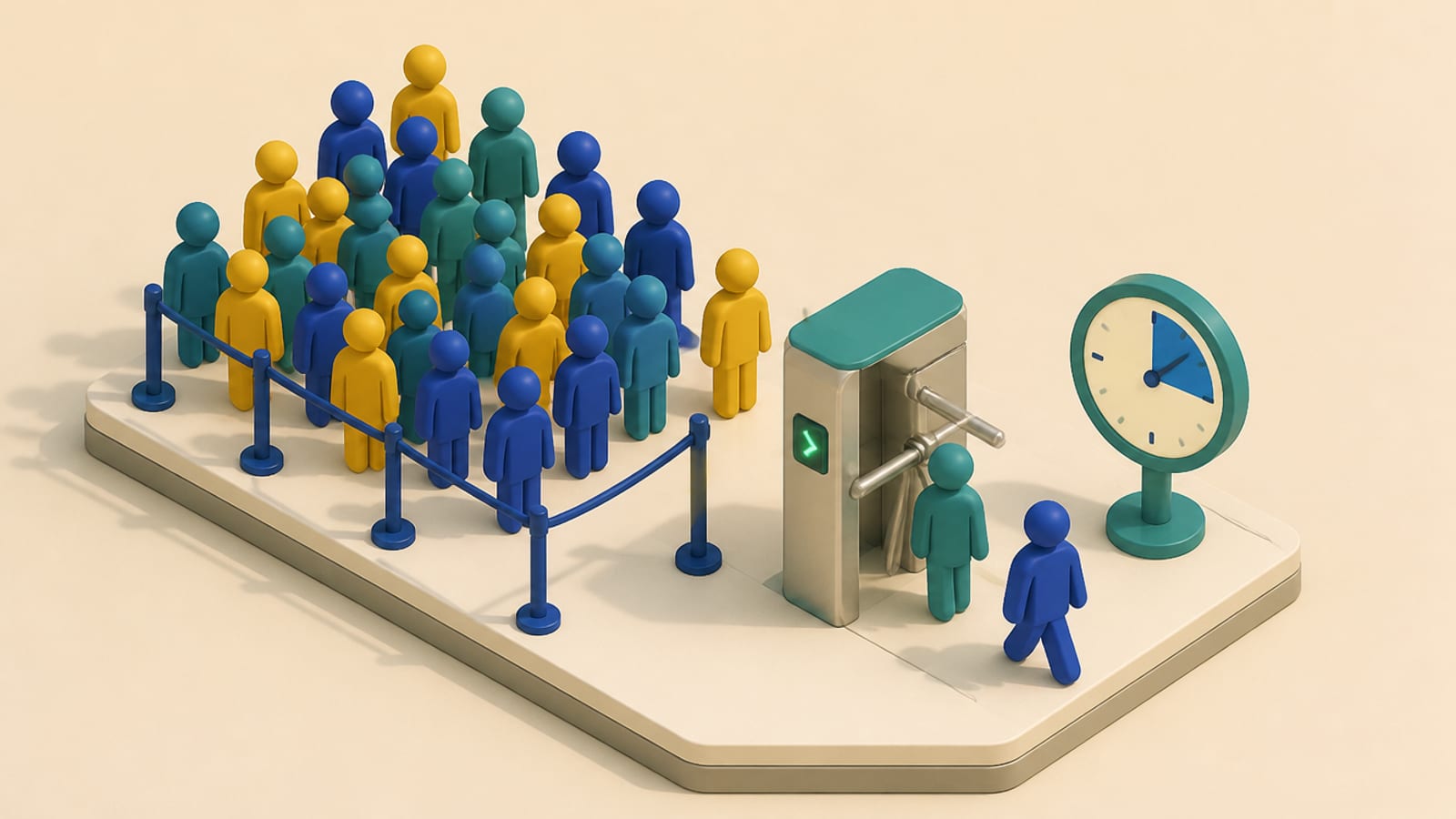 Isometric diorama of a turnstile gate letting a small, steady number of figures through per minute while a crowd waits their turn behind it