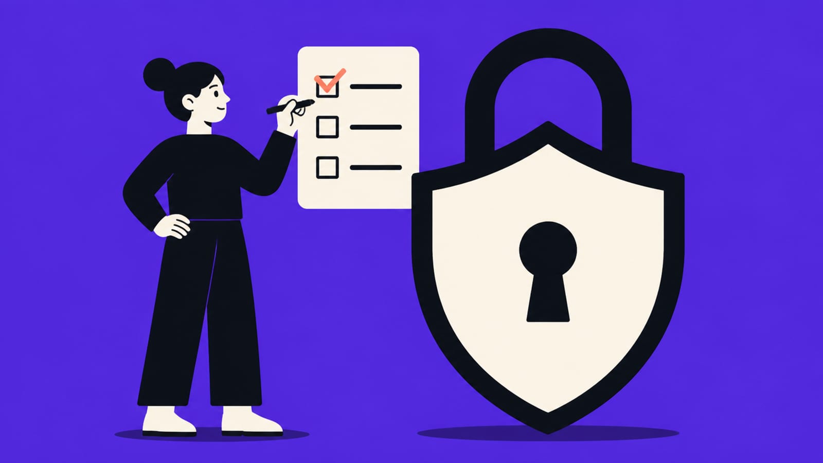 Flat illustration of a person standing beside a large padlock and shield, ticking a short checklist