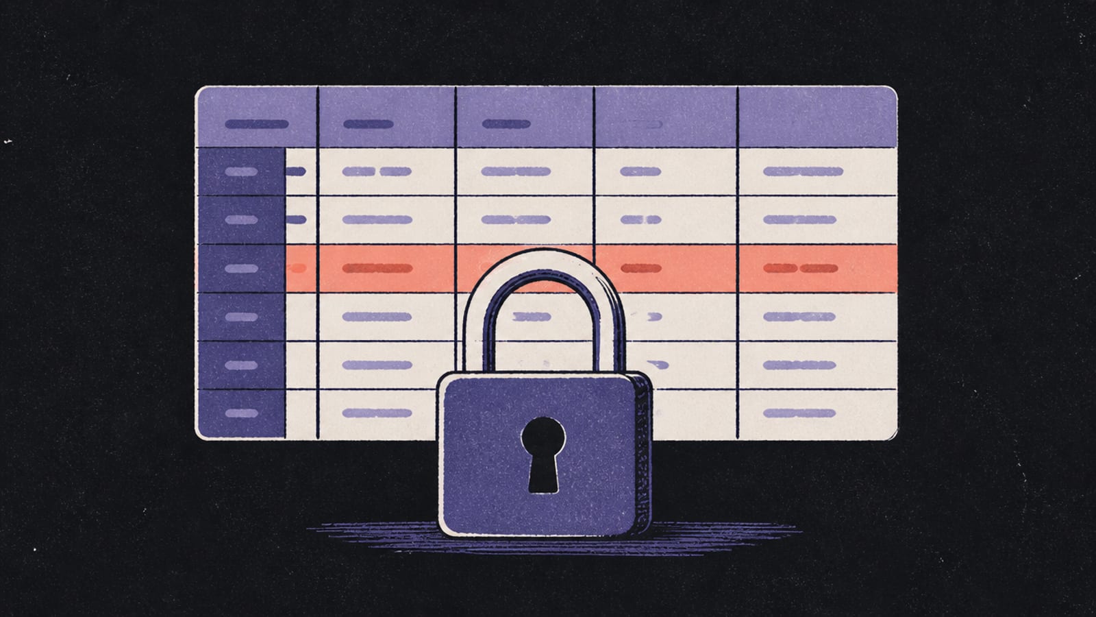 Isometric diorama of a grid of table rows each with its own small lock, one row highlighted, near-black background with indigo-violet and a coral accent