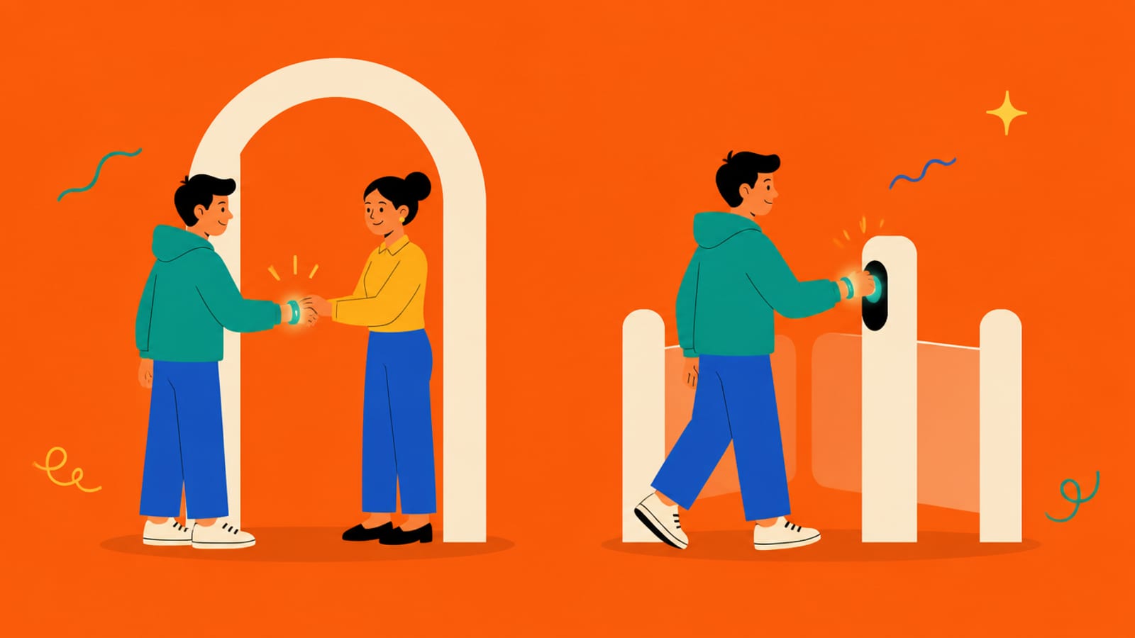 Flat illustration of a person getting a glowing wristband at a door, then being waved through a second gate by flashing it