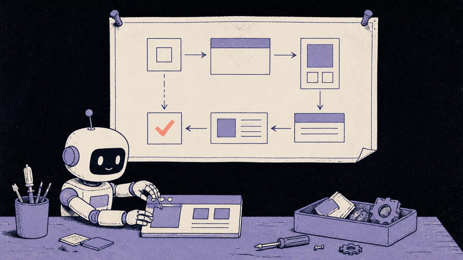 Hand-drawn editorial illustration of a blueprint sheet pinned above a workbench where a small robot assembles a simple app following it