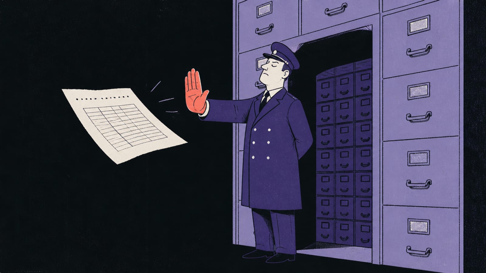 Editorial illustration of a document being turned away at a guarded doorway into a filing cabinet
