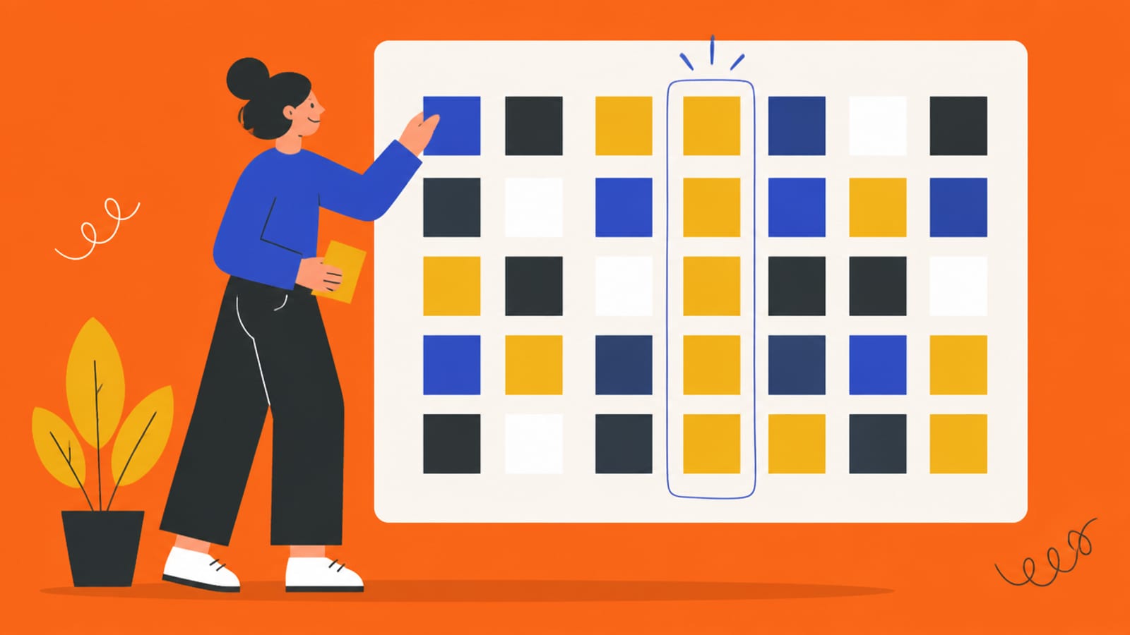 Flat illustration of a person arranging coloured blocks into neat rows and columns on a big board