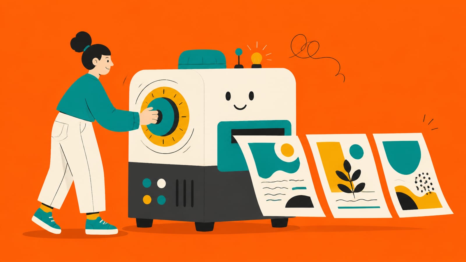 Flat illustration of a person turning a big dial while three slightly different paper outputs come out of a machine