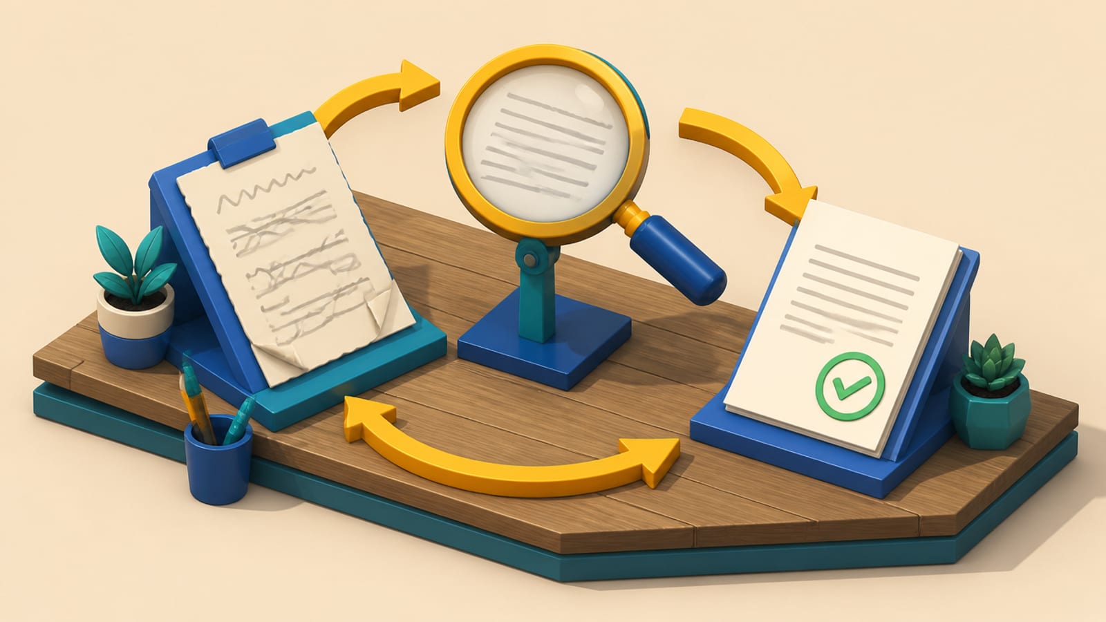 Isometric diorama of a small workbench where a draft page moves under a magnifying glass and comes out stamped with a green check, arrows looping back to the start