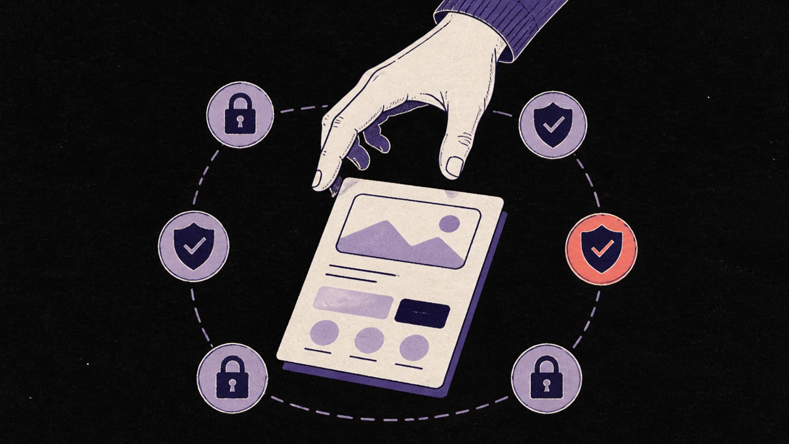Editorial illustration of a hand over a generated app-interface mock ringed by six small padlock and shield check marks
