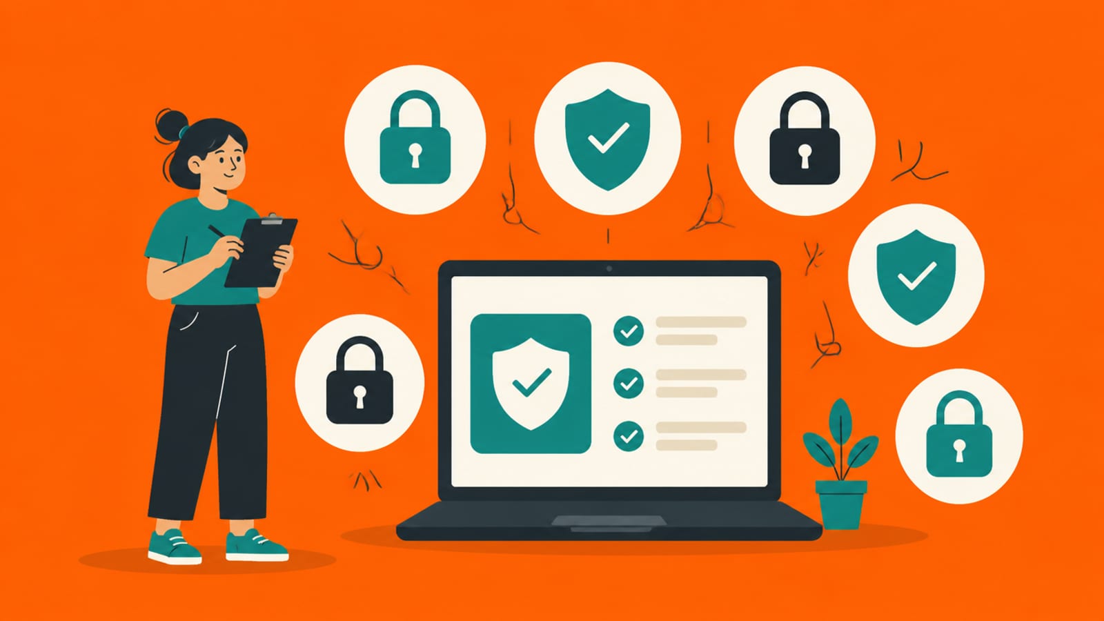 Flat illustration of a person with a clipboard checking padlock and shield icons around a laptop